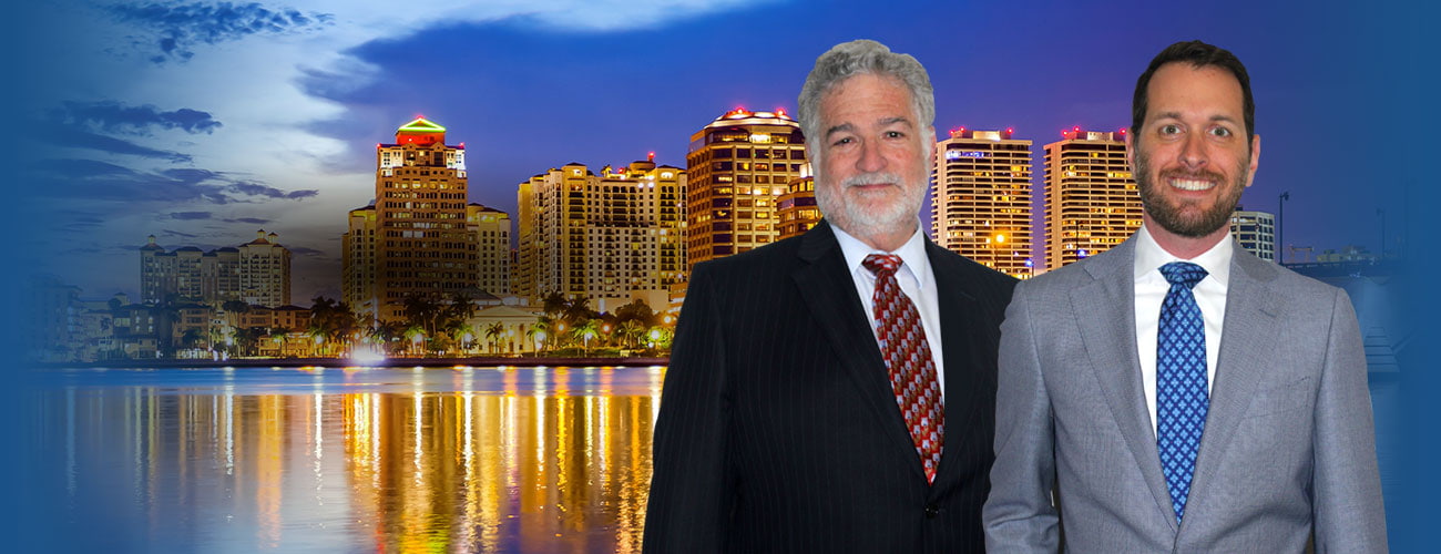 West Palm Beach, Florida skyline and city lights as night falls